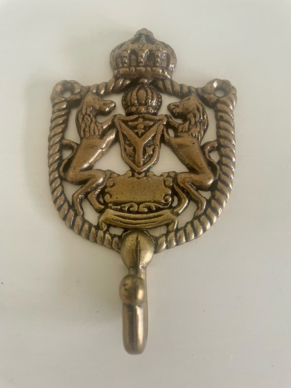 Solid Brass Wall Hook with a Crown Lions and Shield Vintage